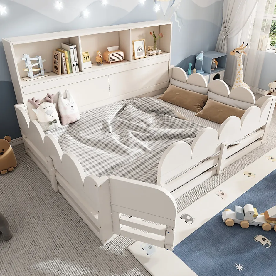 Okwish Lit Enfant 140x200 cm - Lit Double avec Barrières de Sécurité, Porte d'Accès et Étagères Intégrées, en Bois - sans Matelas - Blanc