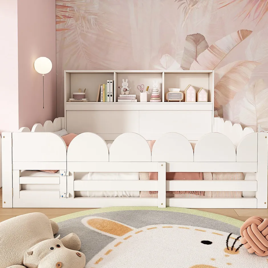 Okwish Lit Enfant 140x200 cm - Lit Double avec Barrières de Sécurité, Porte d'Accès et Étagères Intégrées, en Bois - sans Matelas - Blanc