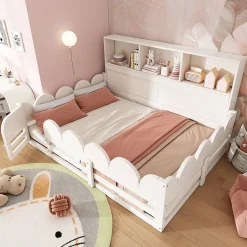 Okwish Lit Enfant 140x200 cm - Lit Double avec Barrières de Sécurité, Porte d'Accès et Étagères Intégrées, en Bois - sans Matelas - Blanc