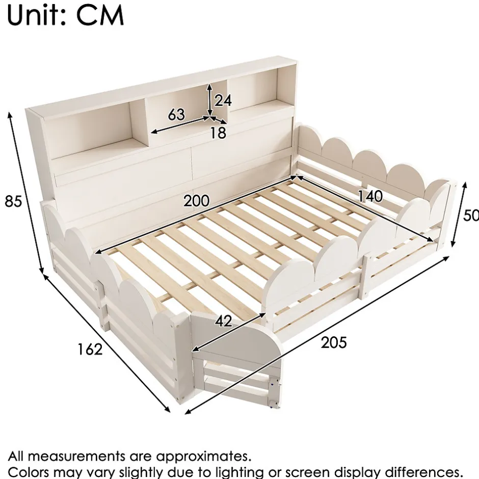 Okwish Lit Enfant 140x200 cm - Lit Double avec Barrières de Sécurité, Porte d'Accès et Étagères Intégrées, en Bois - sans Matelas - Blanc