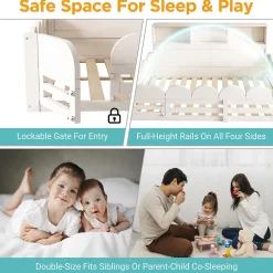 Okwish Lit Enfant 140x200 cm - Lit Double avec Barrières de Sécurité, Porte d'Accès et Étagères Intégrées, en Bois - sans Matelas - Blanc
