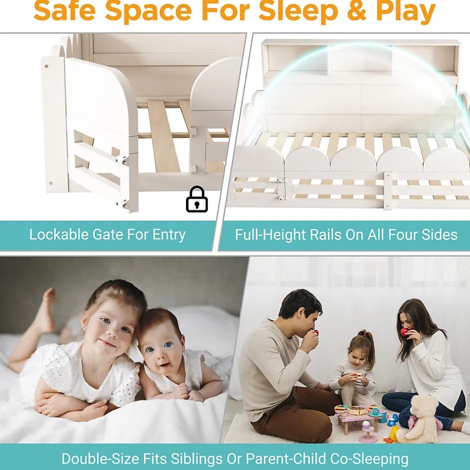 Okwish Lit Enfant 140x200 cm - Lit Double avec Barrières de Sécurité, Porte d'Accès et Étagères Intégrées, en Bois - sans Matelas - Blanc