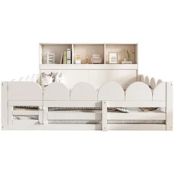 Okwish Lit Enfant 140x200 cm - Lit Double avec Barrières de Sécurité, Porte d'Accès et Étagères Intégrées, en Bois - sans Matelas - Blanc