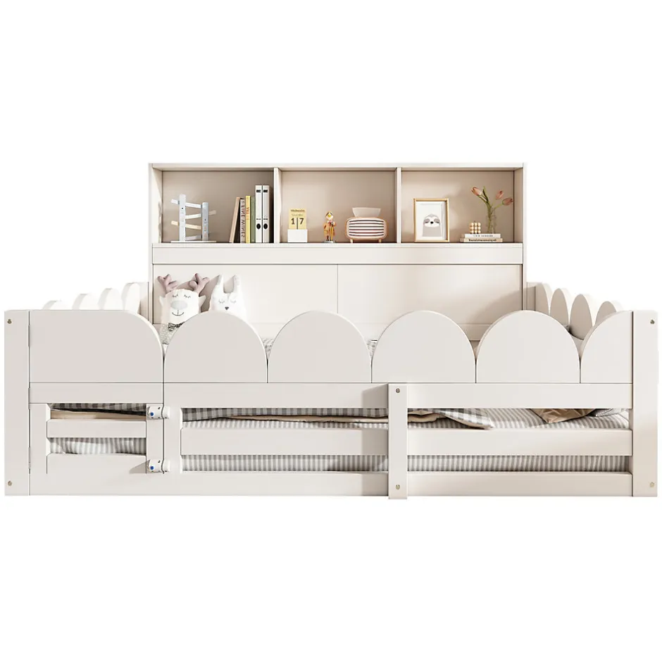 Okwish Lit Enfant 140x200 cm - Lit Double avec Barrières de Sécurité, Porte d'Accès et Étagères Intégrées, en Bois - sans Matelas - Blanc