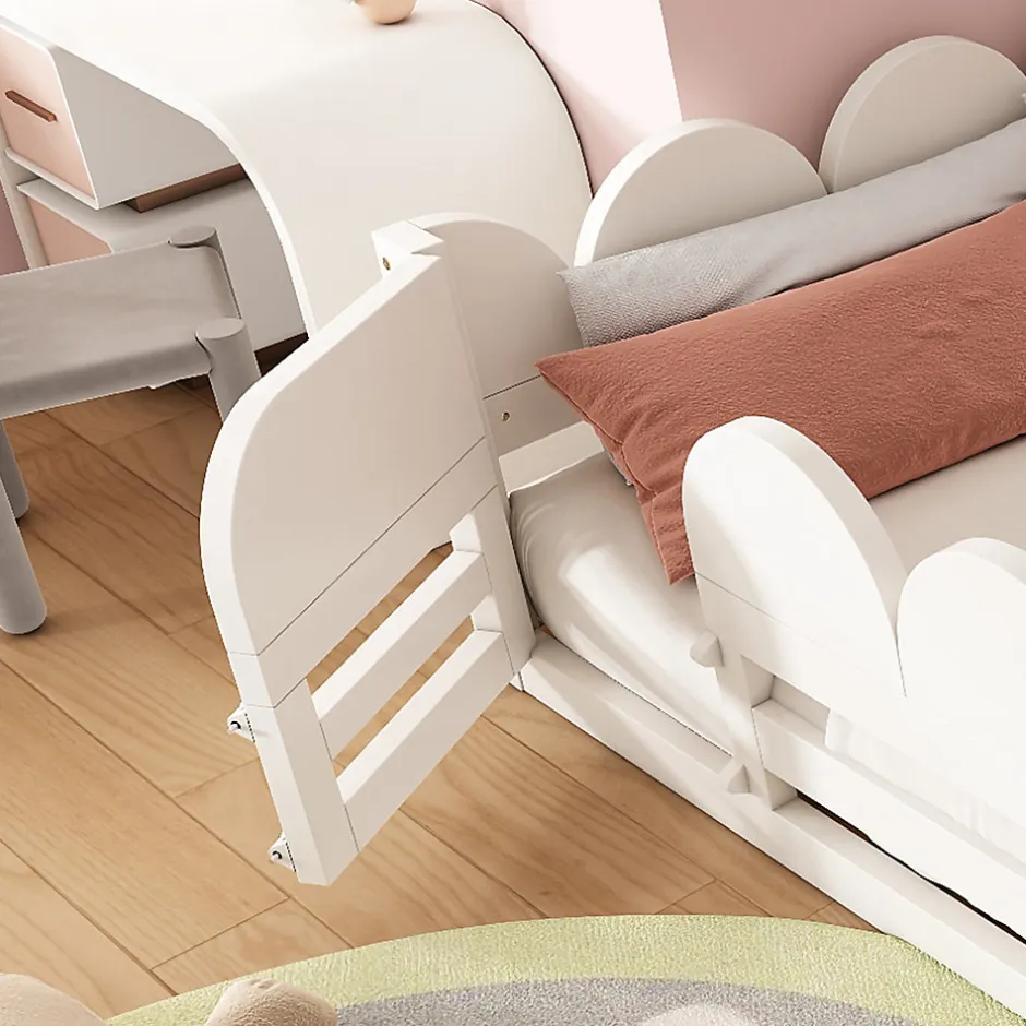 Okwish Lit Enfant 140x200 cm - Lit Double avec Barrières de Sécurité, Porte d'Accès et Étagères Intégrées, en Bois - sans Matelas - Blanc