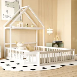 Enfant Okwish Lit enfant 140x200 cm - Lit Double Cabane avec Grille et Porte, Cadre en Bois Massif, Sans Matelas - Blanc