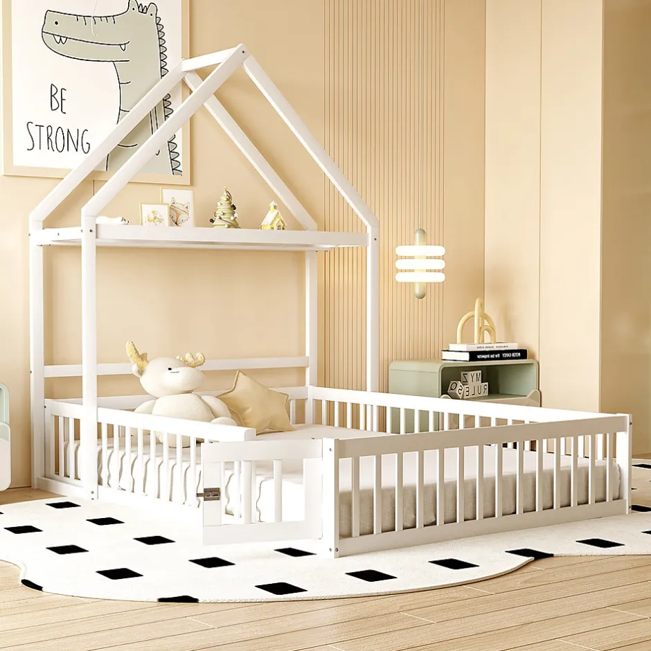 Enfant Okwish Lit enfant 140x200 cm - Lit Double Cabane avec Grille et Porte, Cadre en Bois Massif, Sans Matelas - Blanc