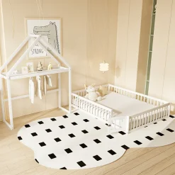 Enfant Okwish Lit enfant 140x200 cm - Lit Double Cabane avec Grille et Porte, Cadre en Bois Massif, Sans Matelas - Blanc