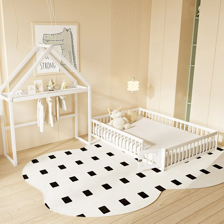 Enfant Okwish Lit enfant 140x200 cm - Lit Double Cabane avec Grille et Porte, Cadre en Bois Massif, Sans Matelas - Blanc