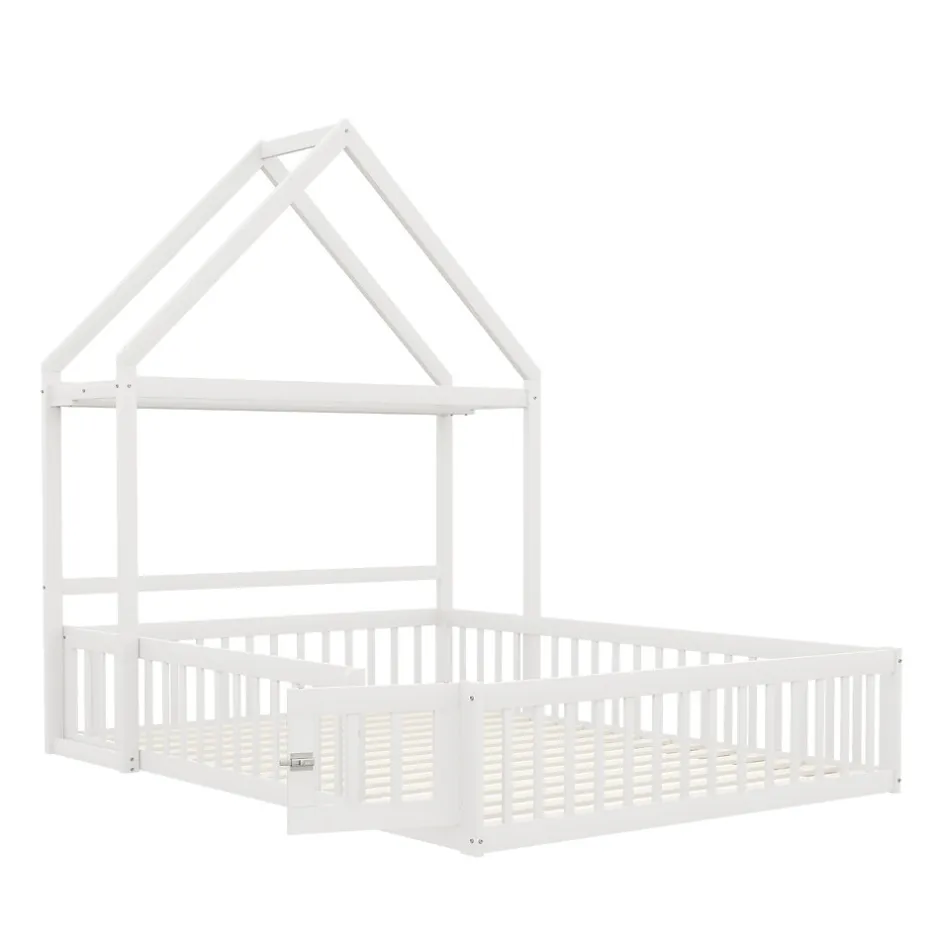 Enfant Okwish Lit enfant 140x200 cm - Lit Double Cabane avec Grille et Porte, Cadre en Bois Massif, Sans Matelas - Blanc