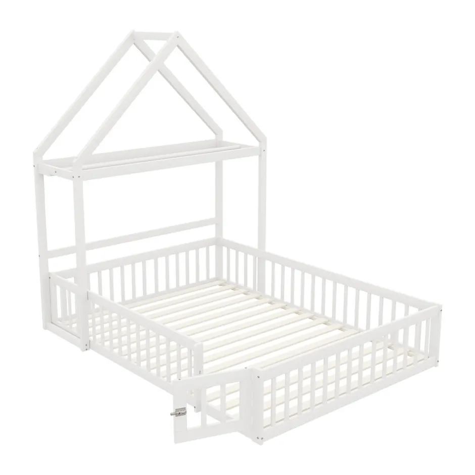 Enfant Okwish Lit enfant 140x200 cm - Lit Double Cabane avec Grille et Porte, Cadre en Bois Massif, Sans Matelas - Blanc