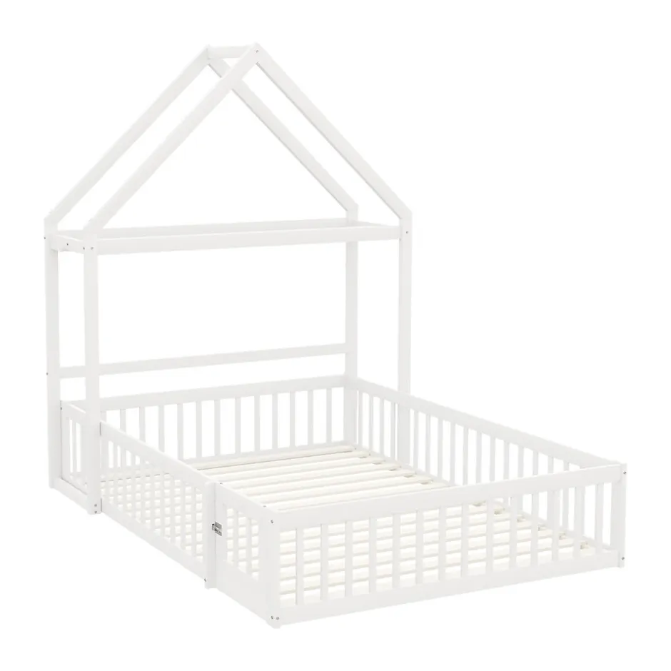 Enfant Okwish Lit enfant 140x200 cm - Lit Double Cabane avec Grille et Porte, Cadre en Bois Massif, Sans Matelas - Blanc