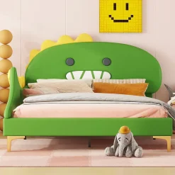 Okwish Lit enfant 140x200 cm - Lit Double Dinosaure avec Tête de Lit Décorative - PU et MDF - Vert - Sans Matelas New