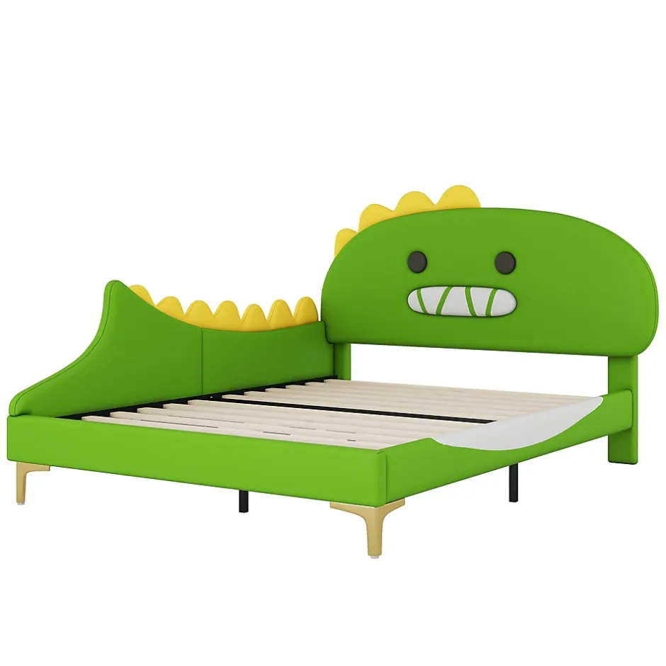 Okwish Lit enfant 140x200 cm - Lit Double Dinosaure avec Tête de Lit Décorative - PU et MDF - Vert - Sans Matelas New