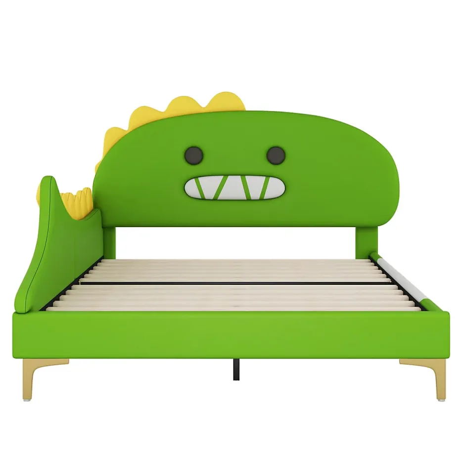 Okwish Lit enfant 140x200 cm - Lit Double Dinosaure avec Tête de Lit Décorative - PU et MDF - Vert - Sans Matelas New