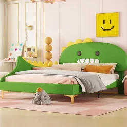Okwish Lit enfant 140x200 cm - Lit Double Dinosaure avec Tête de Lit Décorative - PU et MDF - Vert - Sans Matelas New