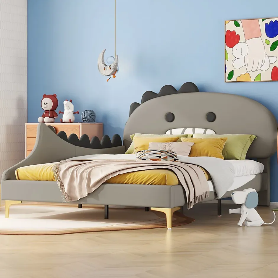 Okwish Lit enfant 140x200 cm - Lit Double Dinosaure avec Tête de Lit Décorative - PU et MDF - Gris - Sans Matelas Best