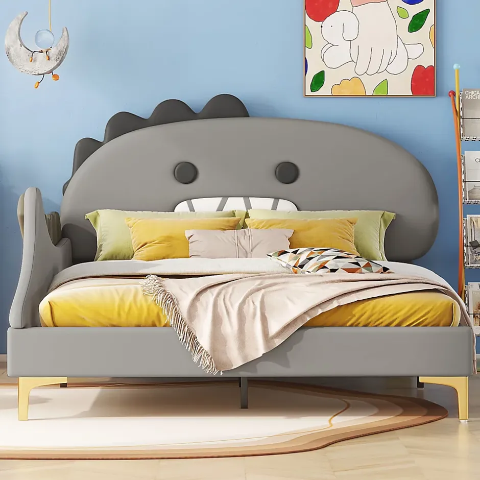 Okwish Lit enfant 140x200 cm - Lit Double Dinosaure avec Tête de Lit Décorative - PU et MDF - Gris - Sans Matelas Best