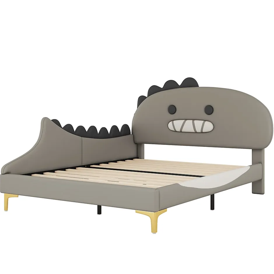 Okwish Lit enfant 140x200 cm - Lit Double Dinosaure avec Tête de Lit Décorative - PU et MDF - Gris - Sans Matelas Best