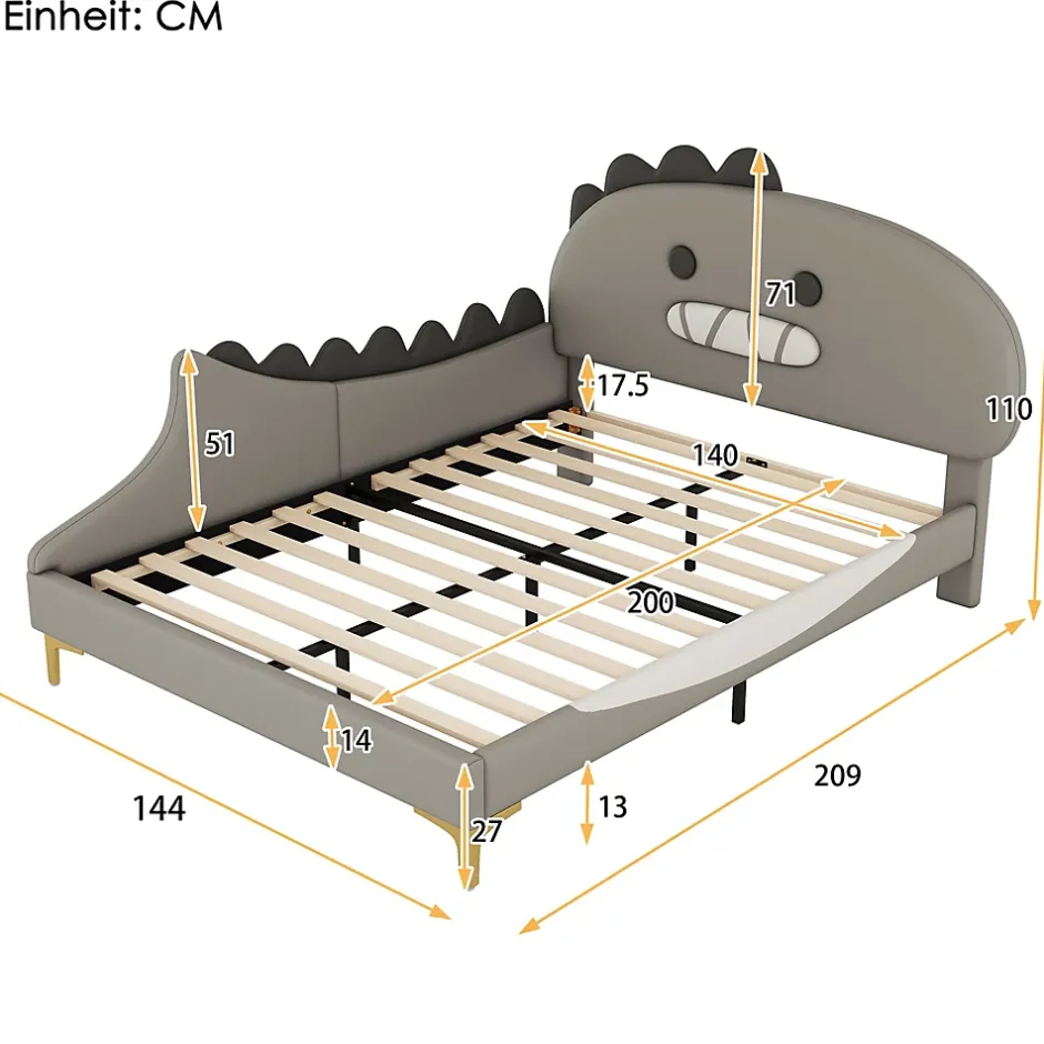 Okwish Lit enfant 140x200 cm - Lit Double Dinosaure avec Tête de Lit Décorative - PU et MDF - Gris - Sans Matelas Best