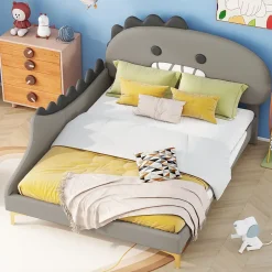 Okwish Lit enfant 140x200 cm - Lit Double Dinosaure avec Tête de Lit Décorative - PU et MDF - Gris - Sans Matelas Best