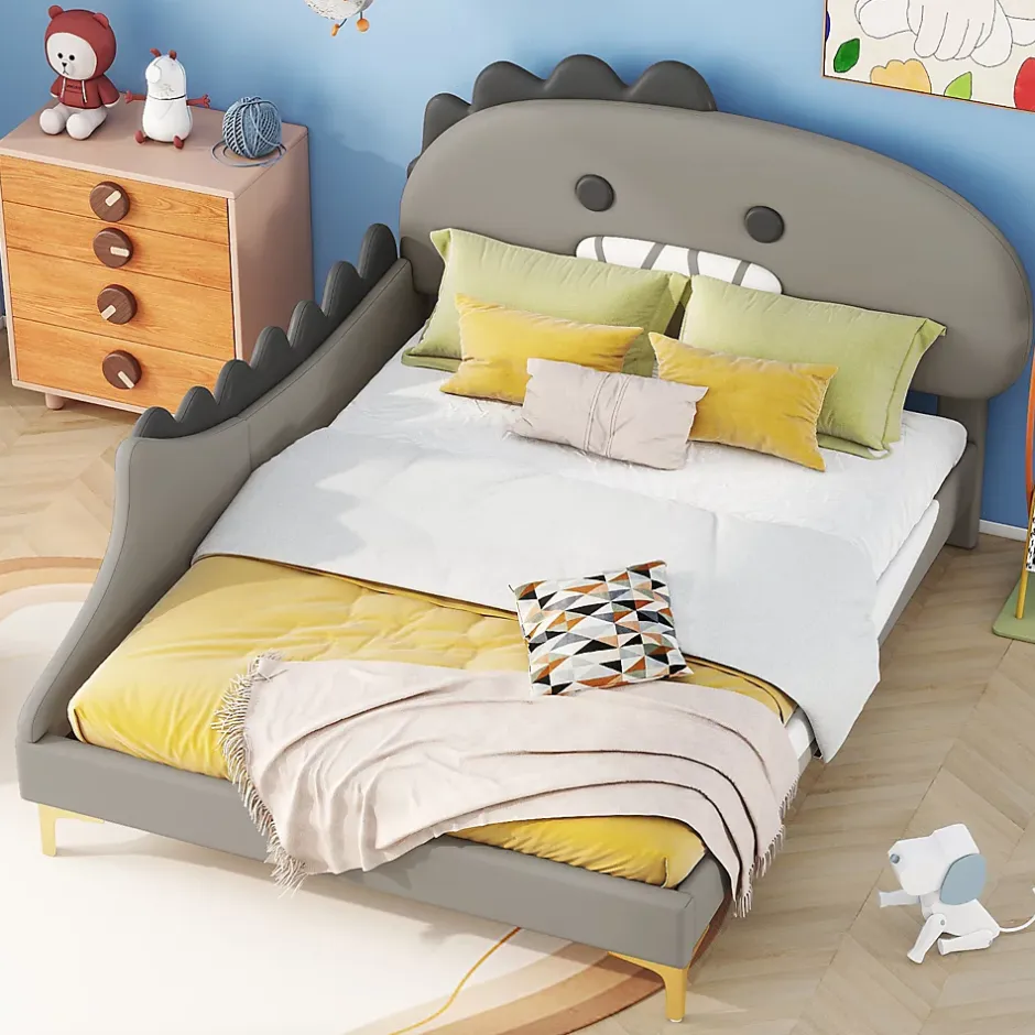 Okwish Lit enfant 140x200 cm - Lit Double Dinosaure avec Tête de Lit Décorative - PU et MDF - Gris - Sans Matelas Best