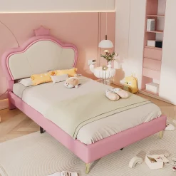 Enfant Okwish Lit enfant 90x200 cm - Lit Princesse Capitonné avec Tête Couronne, PU Rembourré, Sans Matelas - Rose et Blanc