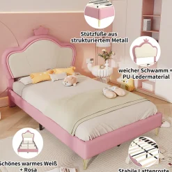 Enfant Okwish Lit enfant 90x200 cm - Lit Princesse Capitonné avec Tête Couronne, PU Rembourré, Sans Matelas - Rose et Blanc