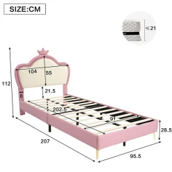 Enfant Okwish Lit enfant 90x200 cm - Lit Princesse Capitonné avec Tête Couronne, PU Rembourré, Sans Matelas - Rose et Blanc