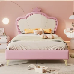 Enfant Okwish Lit enfant 90x200 cm - Lit Princesse Capitonné avec Tête Couronne, PU Rembourré, Sans Matelas - Rose et Blanc