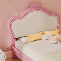 Enfant Okwish Lit enfant 90x200 cm - Lit Princesse Capitonné avec Tête Couronne, PU Rembourré, Sans Matelas - Rose et Blanc