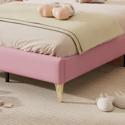 Enfant Okwish Lit enfant 90x200 cm - Lit Princesse Capitonné avec Tête Couronne, PU Rembourré, Sans Matelas - Rose et Blanc