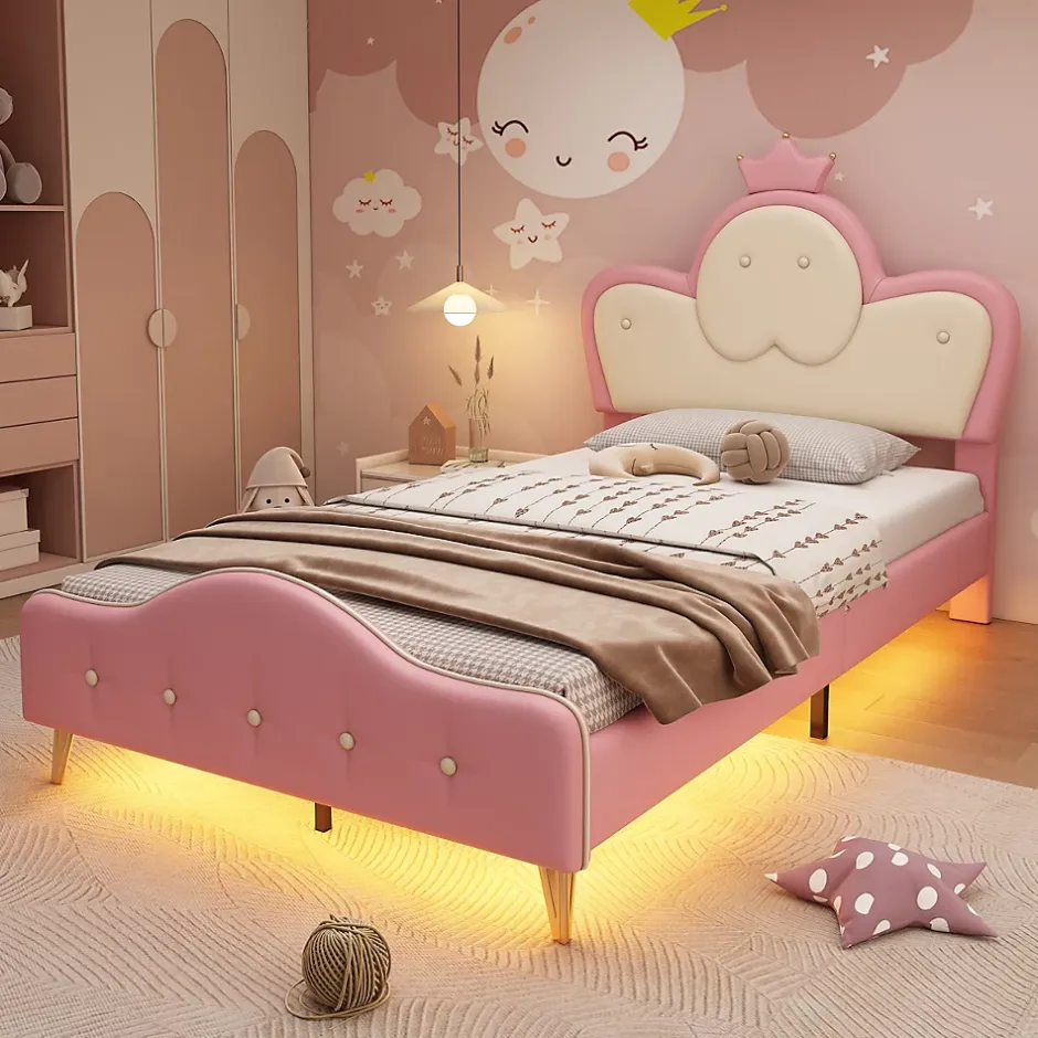 Okwish Lit enfant 90x200 cm - Lit Princesse Simple avec Bande LED Intégrée, Capitonné et Rembourré en PU, Rose et Blanc, Sans Matelas