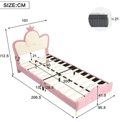Okwish Lit enfant 90x200 cm - Lit Princesse Simple avec Bande LED Intégrée, Capitonné et Rembourré en PU, Rose et Blanc, Sans Matelas