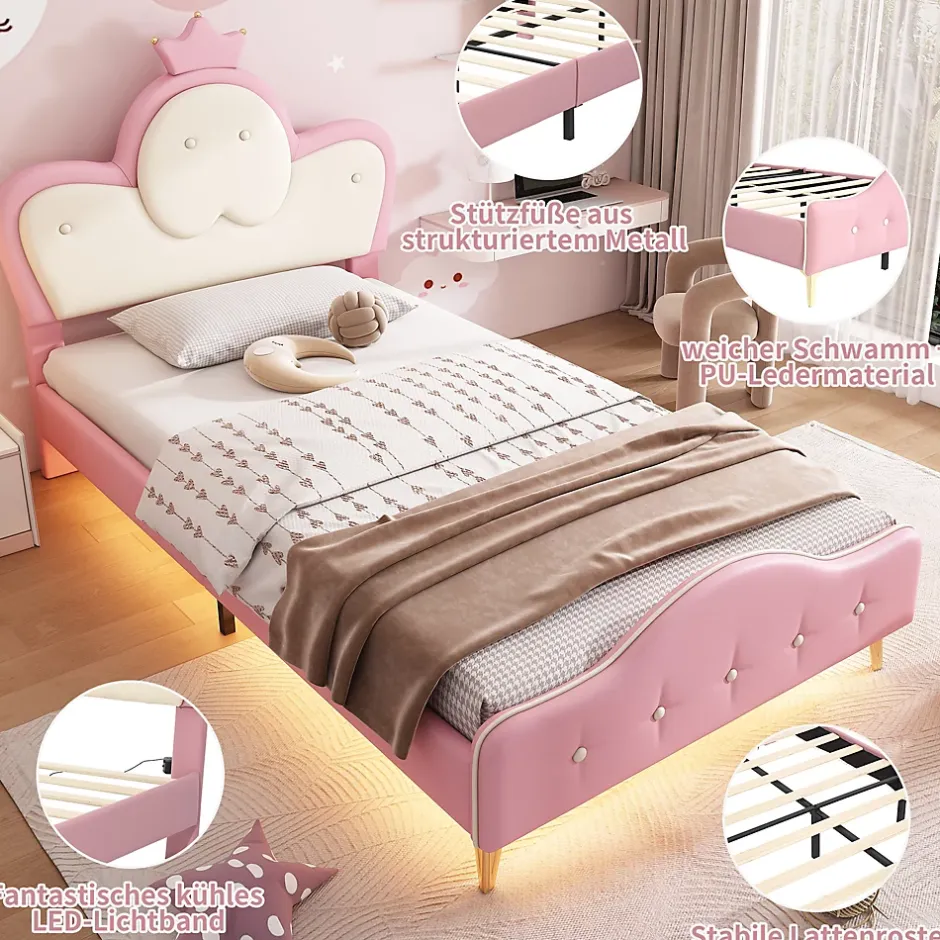 Okwish Lit enfant 90x200 cm - Lit Princesse Simple avec Bande LED Intégrée, Capitonné et Rembourré en PU, Rose et Blanc, Sans Matelas