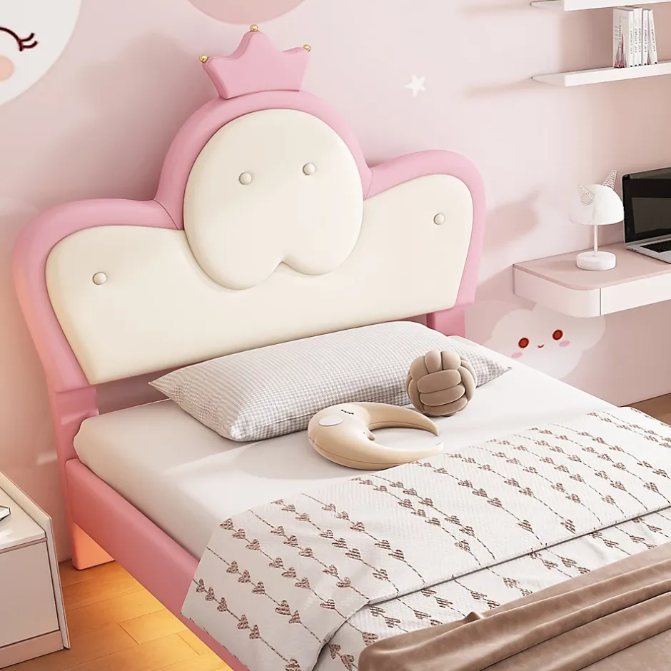Okwish Lit enfant 90x200 cm - Lit Princesse Simple avec Bande LED Intégrée, Capitonné et Rembourré en PU, Rose et Blanc, Sans Matelas