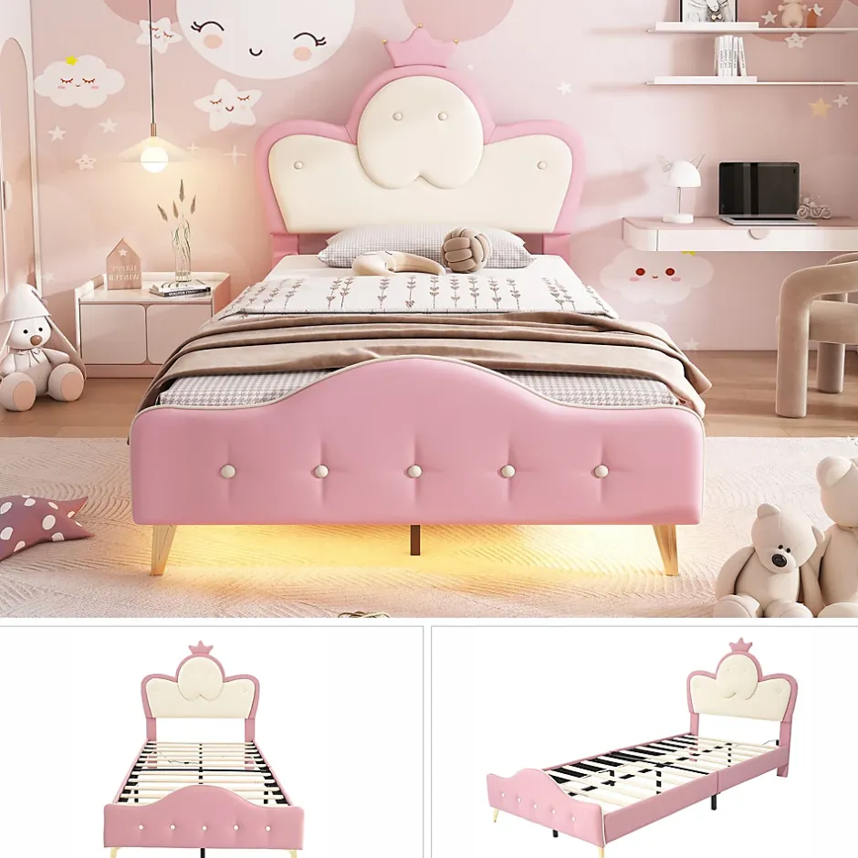 Okwish Lit enfant 90x200 cm - Lit Princesse Simple avec Bande LED Intégrée, Capitonné et Rembourré en PU, Rose et Blanc, Sans Matelas