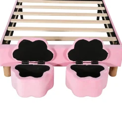 Enfant Okwish Lit enfant 90x200 cm - Lit simple capitonné jeunesse avec 2 tabourets de rangement et éclairage LED - Velours - Rose