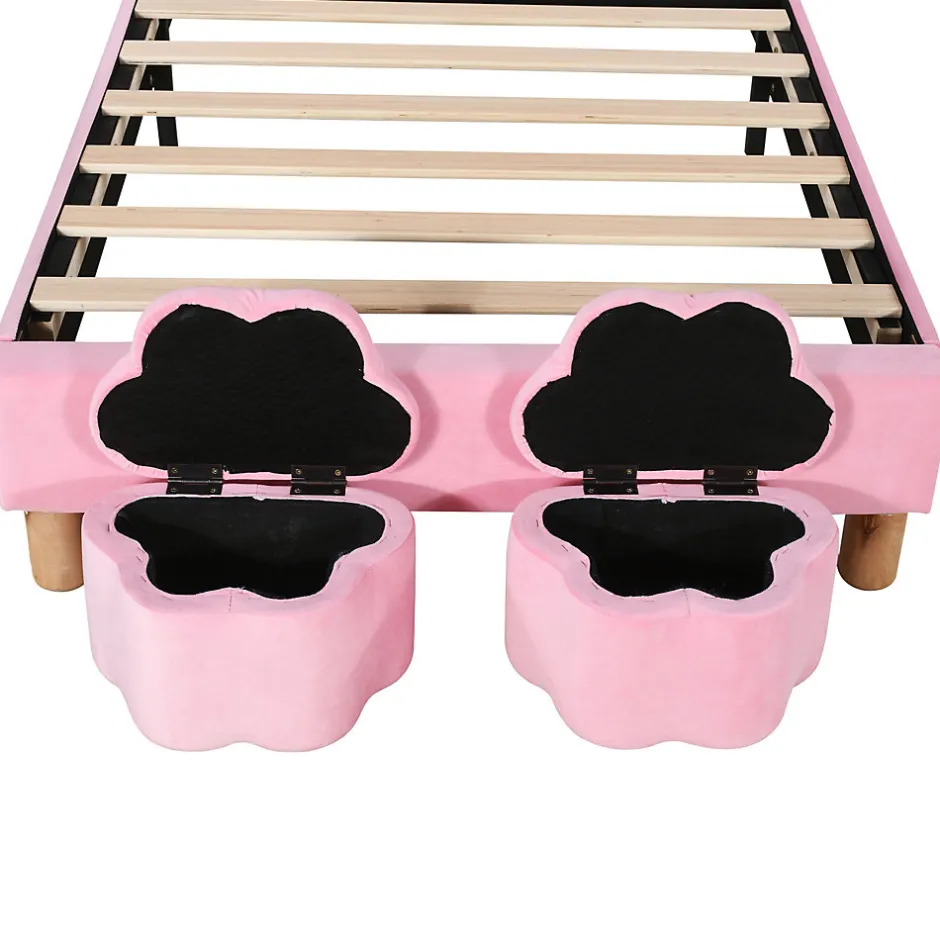 Enfant Okwish Lit enfant 90x200 cm - Lit simple capitonné jeunesse avec 2 tabourets de rangement et éclairage LED - Velours - Rose