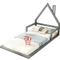 Enfant Okwish Lit enfant 90x200 cm - Lit Simple Cabane avec Structure en Pin Massif et MDF, design Classique et Solide, Sans Matelas, Gris