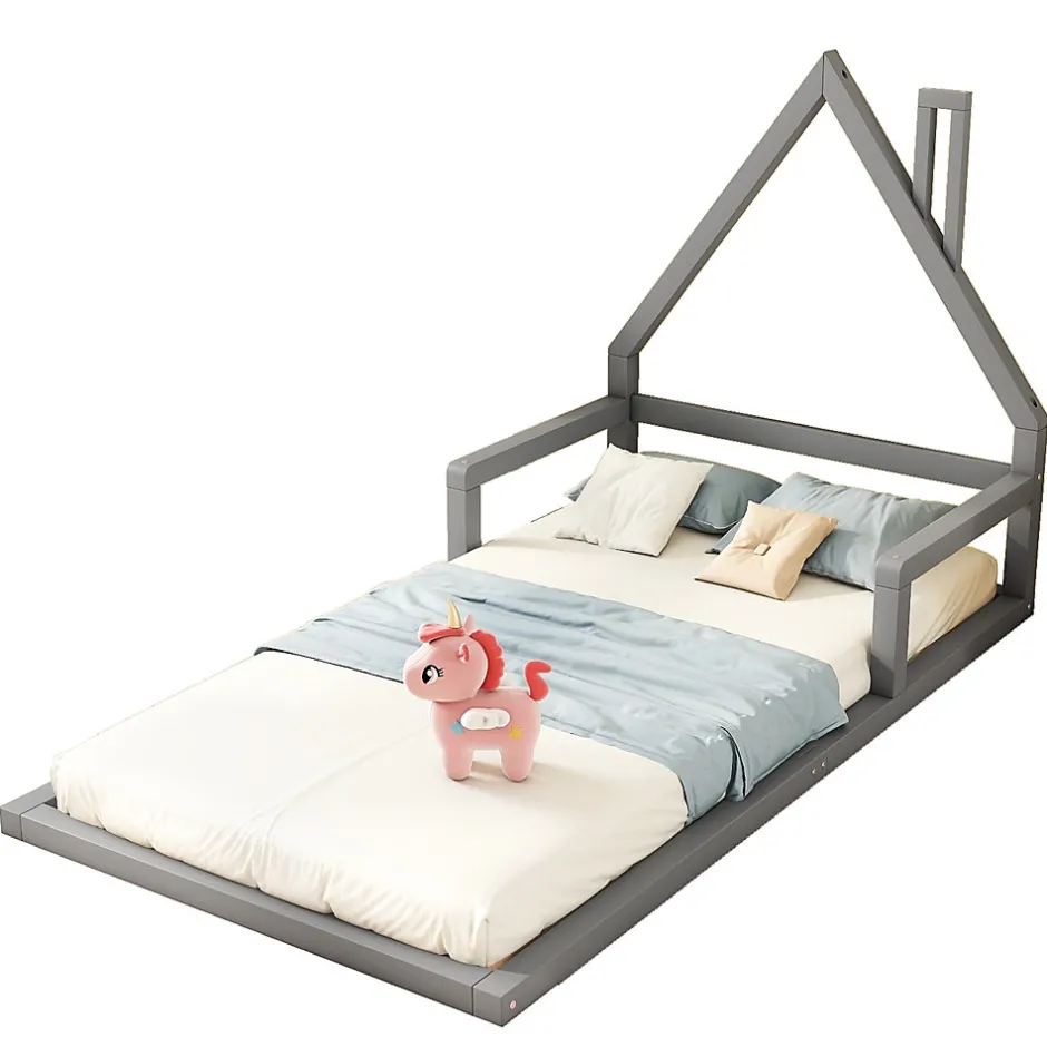 Enfant Okwish Lit enfant 90x200 cm - Lit Simple Cabane avec Structure en Pin Massif et MDF, design Classique et Solide, Sans Matelas, Gris