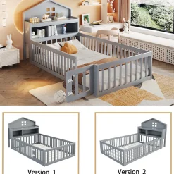 Enfant Okwish Lit enfant 90x200 cm - Lit simple avec rangement et cadre maison en bois massif avec protection contre chute - Sans matelas - Gris