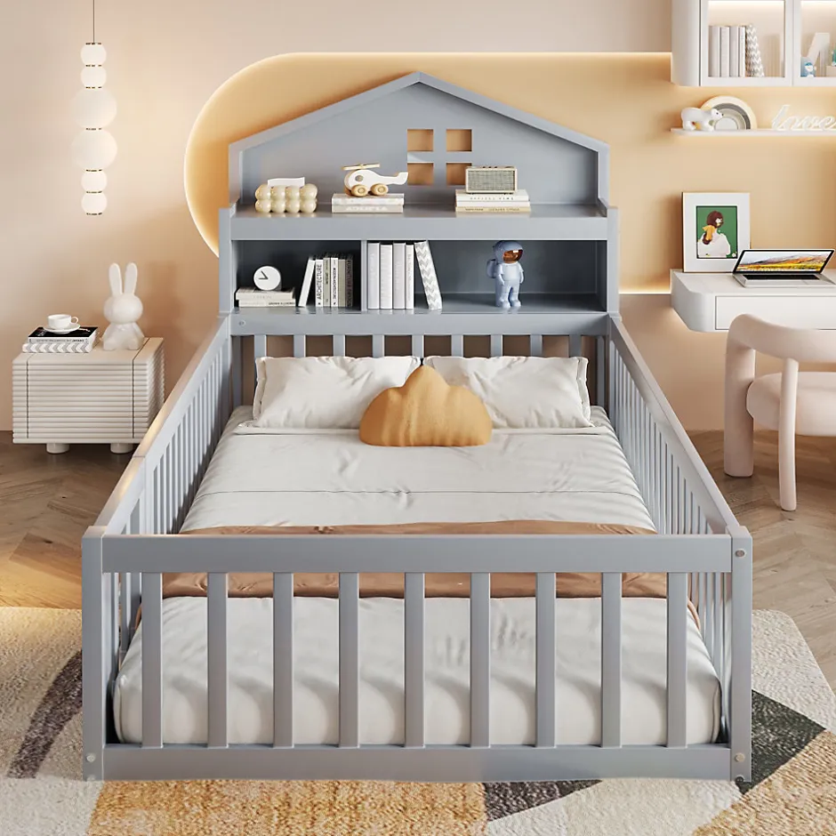 Enfant Okwish Lit enfant 90x200 cm - Lit simple avec rangement et cadre maison en bois massif avec protection contre chute - Sans matelas - Gris