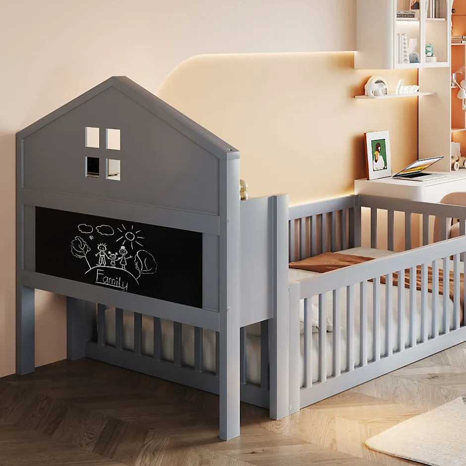Enfant Okwish Lit enfant 90x200 cm - Lit simple avec rangement et cadre maison en bois massif avec protection contre chute - Sans matelas - Gris