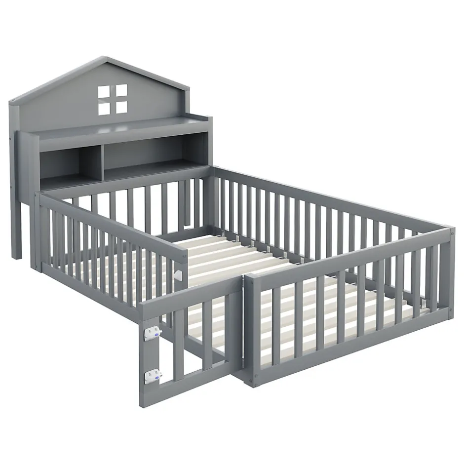 Enfant Okwish Lit enfant 90x200 cm - Lit simple avec rangement et cadre maison en bois massif avec protection contre chute - Sans matelas - Gris
