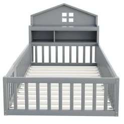 Enfant Okwish Lit enfant 90x200 cm - Lit simple avec rangement et cadre maison en bois massif avec protection contre chute - Sans matelas - Gris