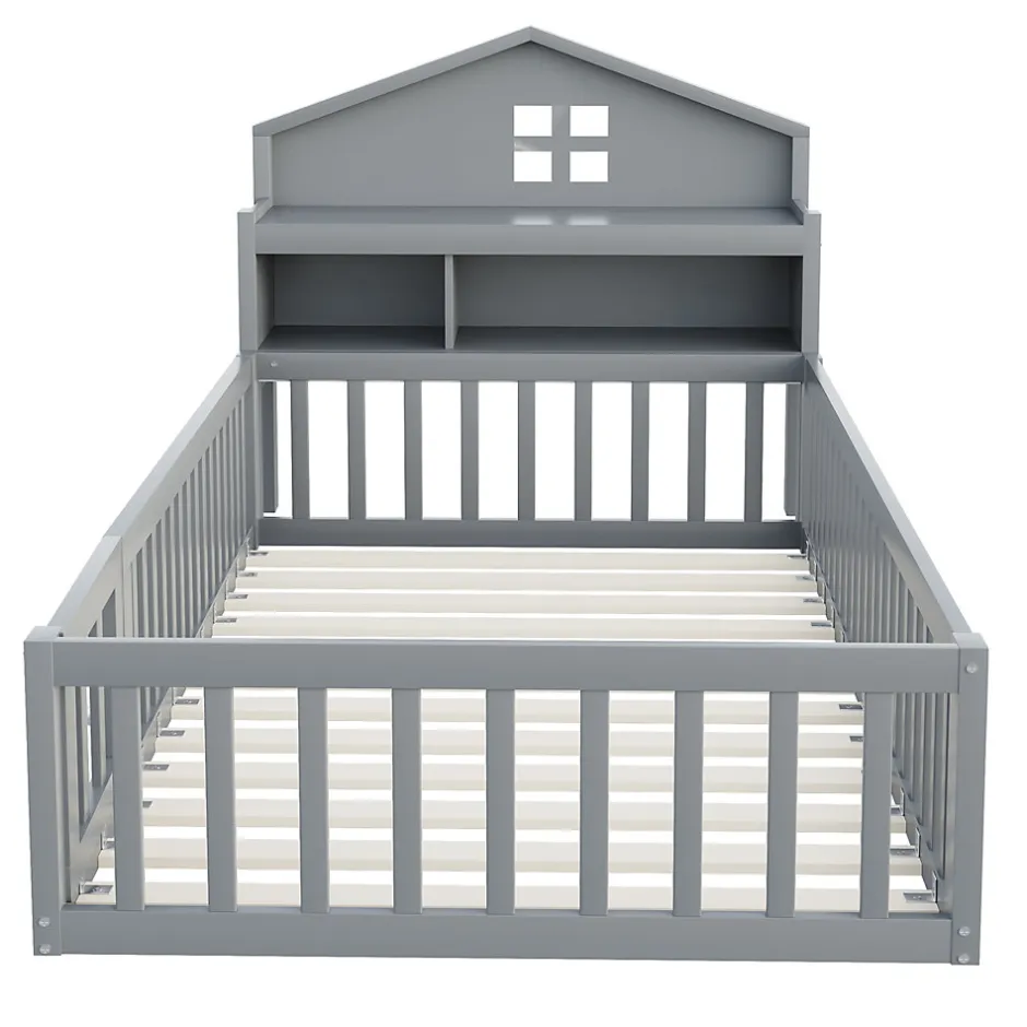 Enfant Okwish Lit enfant 90x200 cm - Lit simple avec rangement et cadre maison en bois massif avec protection contre chute - Sans matelas - Gris