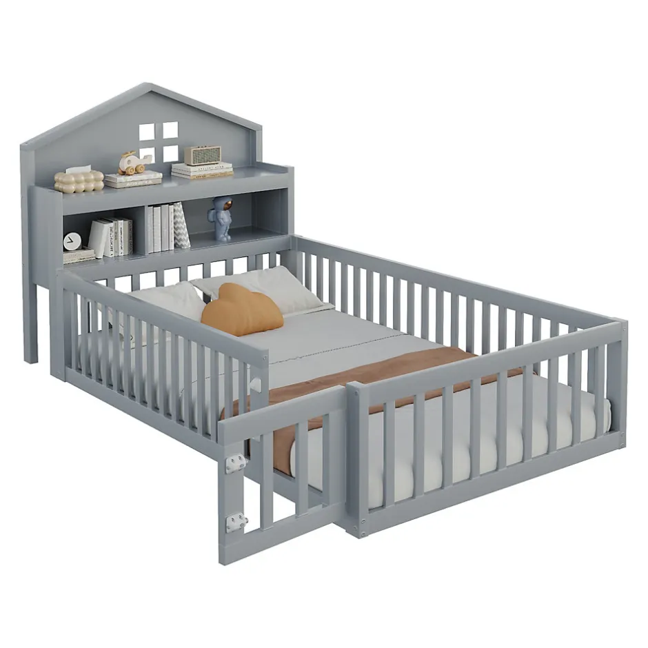 Enfant Okwish Lit enfant 90x200 cm - Lit simple avec rangement et cadre maison en bois massif avec protection contre chute - Sans matelas - Gris