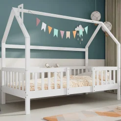 Enfant Okwish Lit Enfant 90x200 cm - Lit Simple Design Cheminée pour Petit Espace - Sans Matelas - Bois de Pin Blanc