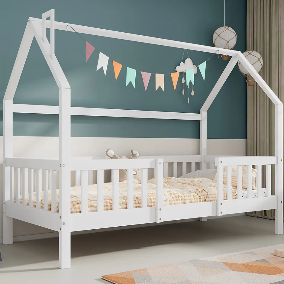 Enfant Okwish Lit Enfant 90x200 cm - Lit Simple Design Cheminée pour Petit Espace - Sans Matelas - Bois de Pin Blanc